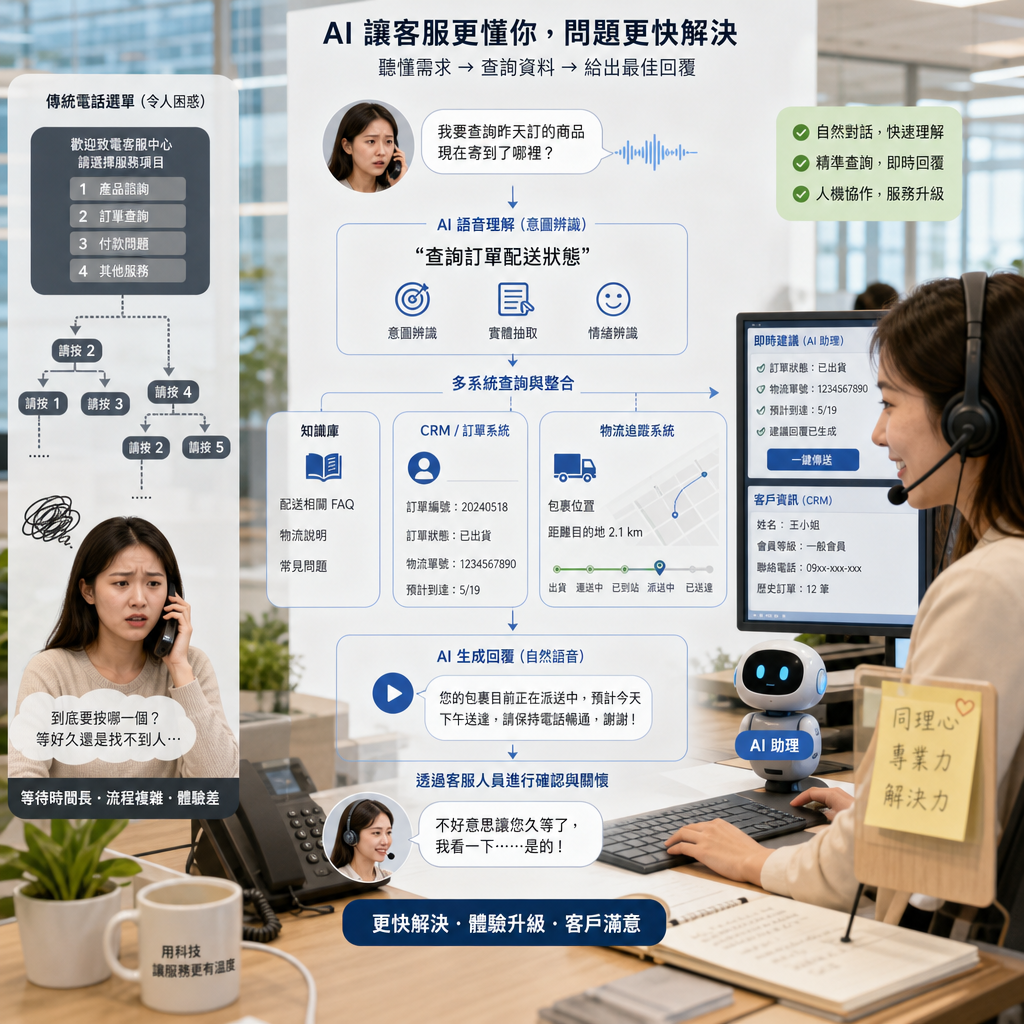 客服人員與 AI 語音助理共同處理來電的示意圖