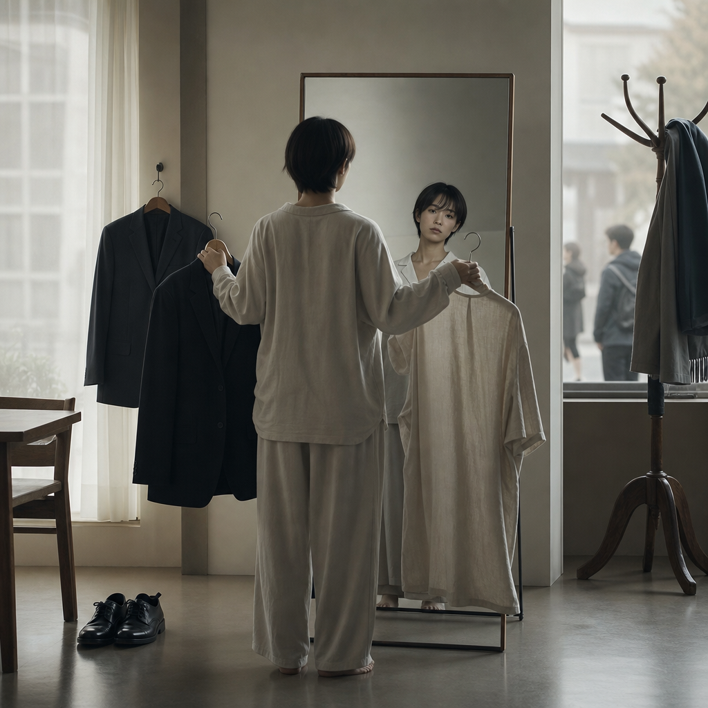 鏡の前で服を選び自分らしさを考える人