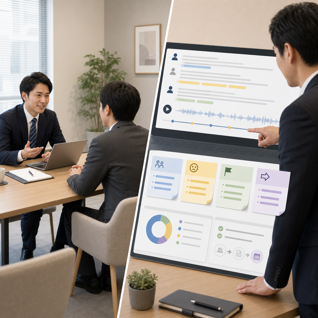 AIが商談記録を分析して営業担当者に助言するイメージ