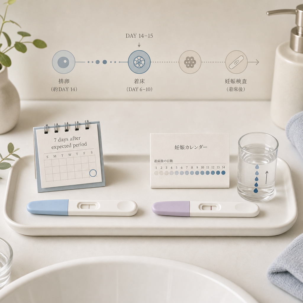 妊娠検査薬とカレンダーを確認する女性の手元
