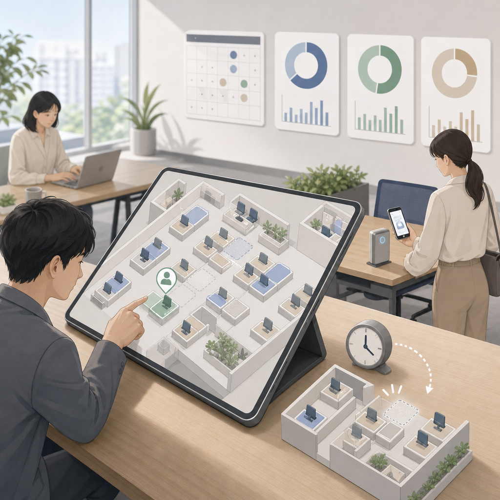フロアマップから座席を予約するオフィスワーカー