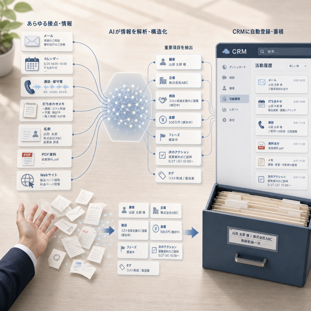 営業担当者がAIでCRMの活動履歴を確認している画面