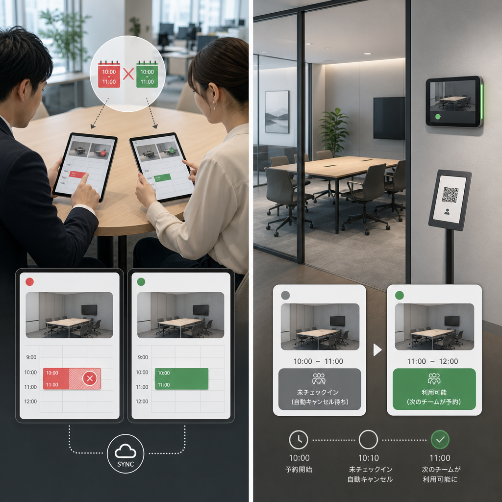 スマートフォンで会議室の空き状況を確認するビジネスパーソン
