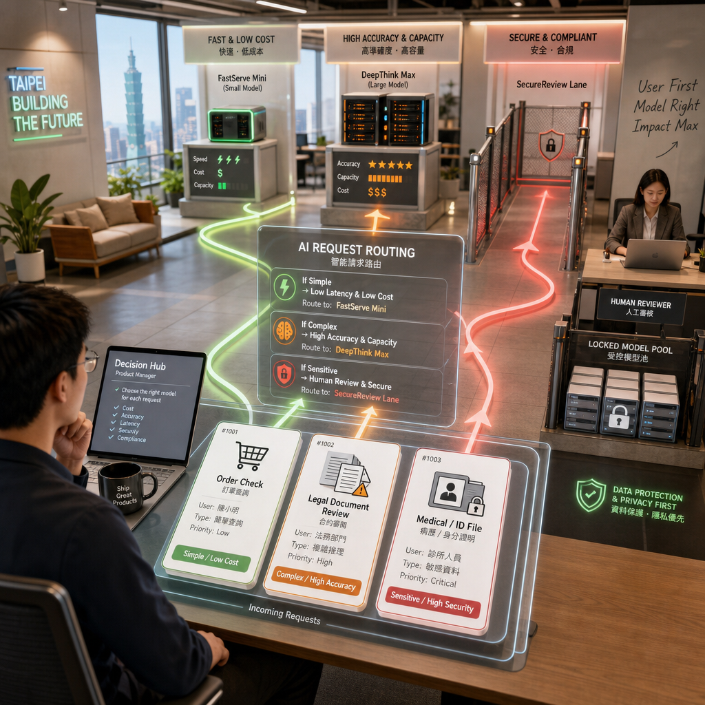 顯示請求分類後分流到不同大型語言模型的模型路由架構圖