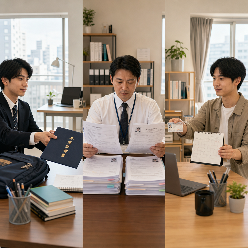 日本在留卡、護照與申請文件放在辦公桌上的畫面