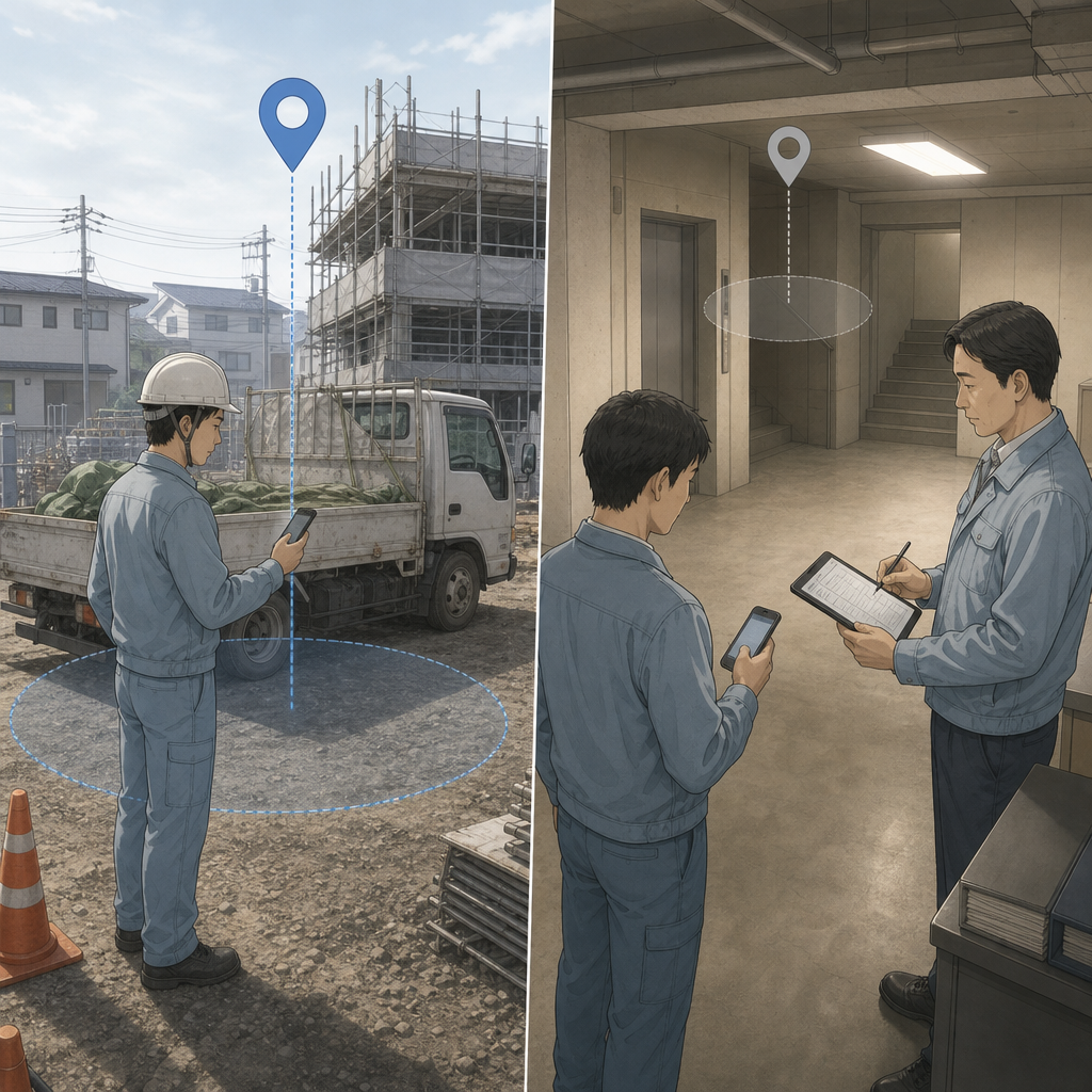 スマートフォンで位置情報付きの出退勤打刻を行う従業員