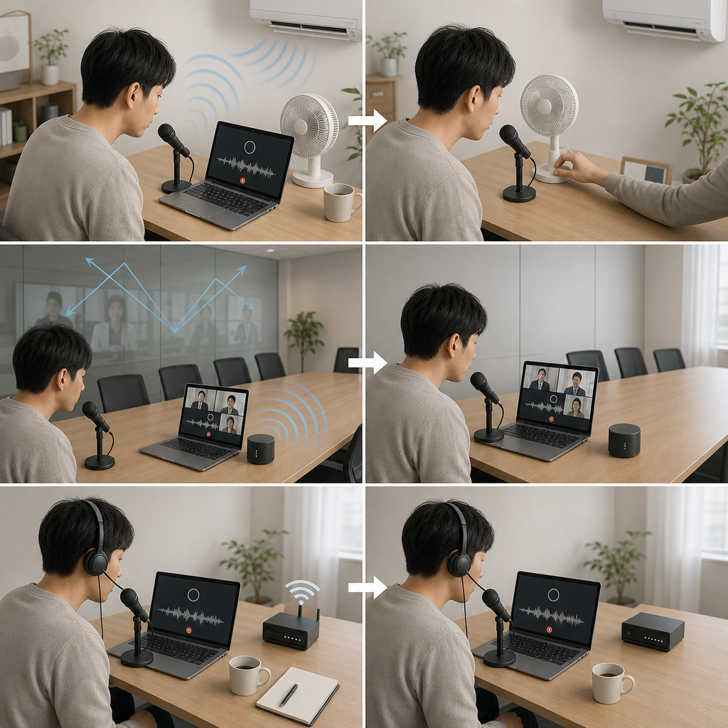 ヘッドセットを着用して静かな場所でWeb会議をするビジネスパーソン