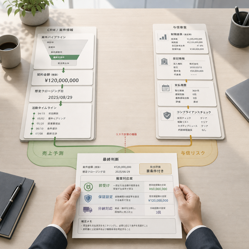 営業担当者がAIダッシュボードで取引先の与信情報を確認する様子
