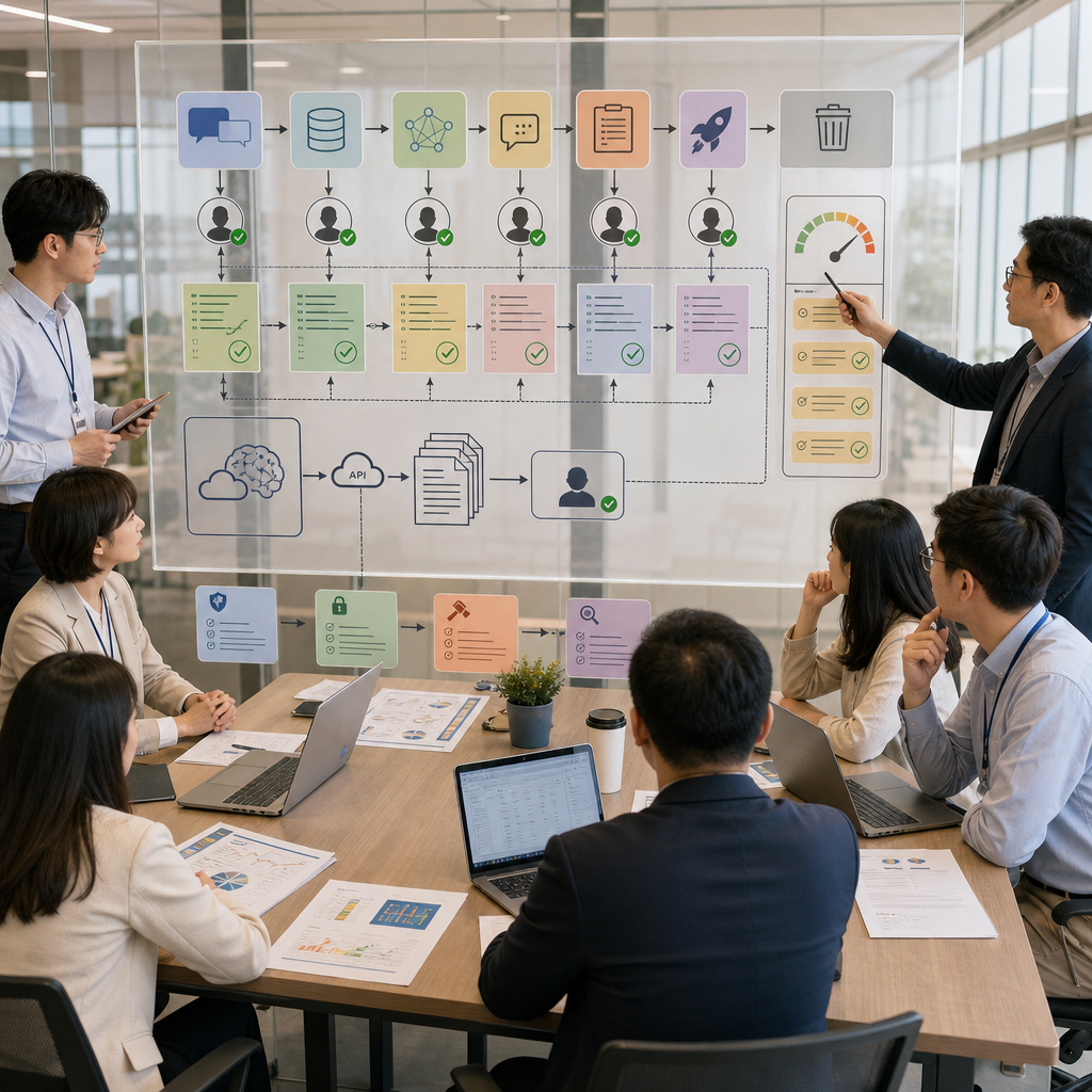 企業團隊檢視人工智慧合規審計文件與風險儀表板