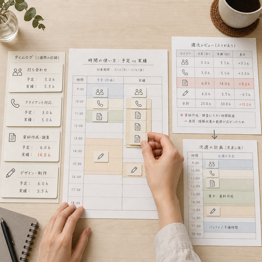 タスク別の作業時間を確認するビジネスパーソン