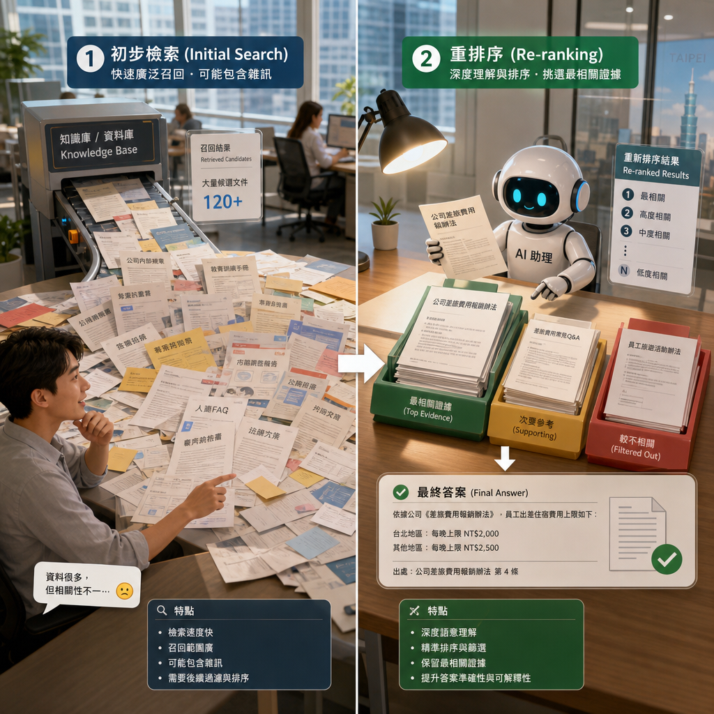 RAG 兩階段檢索與重新排序流程示意圖