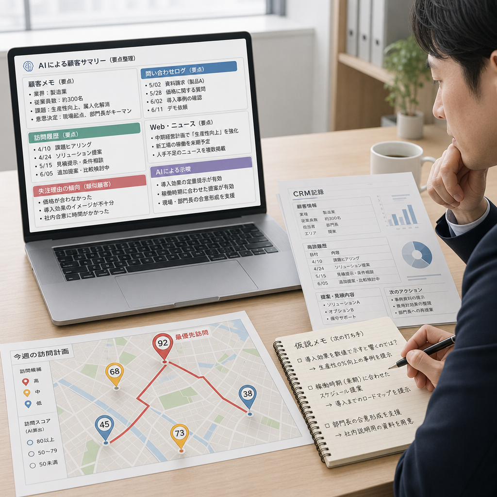AIで顧客情報を確認し訪問計画を立てる営業担当者