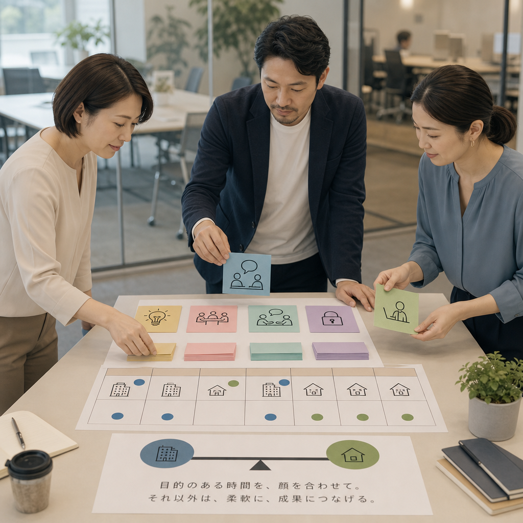 出社予定を確認しながら働き方を話し合うチーム