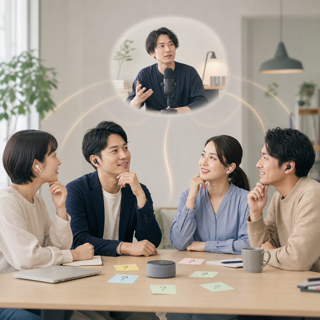 ヘッドセットを着けて社内ラジオを収録する社員