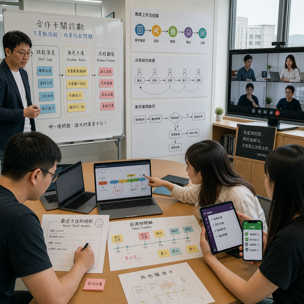 遠距團隊主管在虛擬白板上檢視協作流程