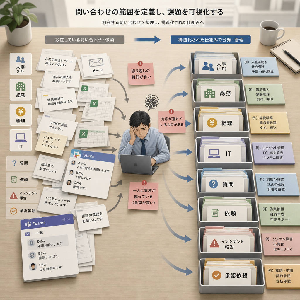 社内の問い合わせ内容を分類して課題を整理する担当者
