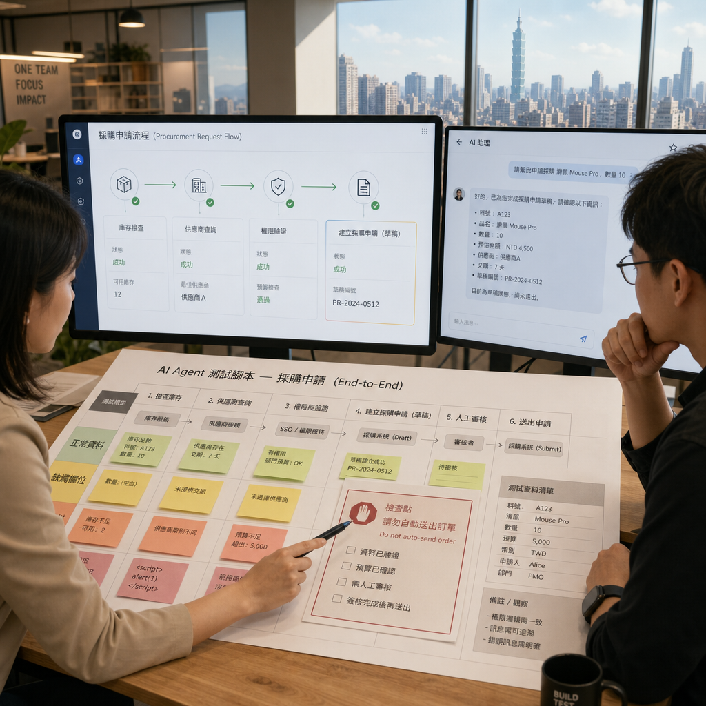 工程團隊檢視 AI 代理人任務流程與測試結果儀表板