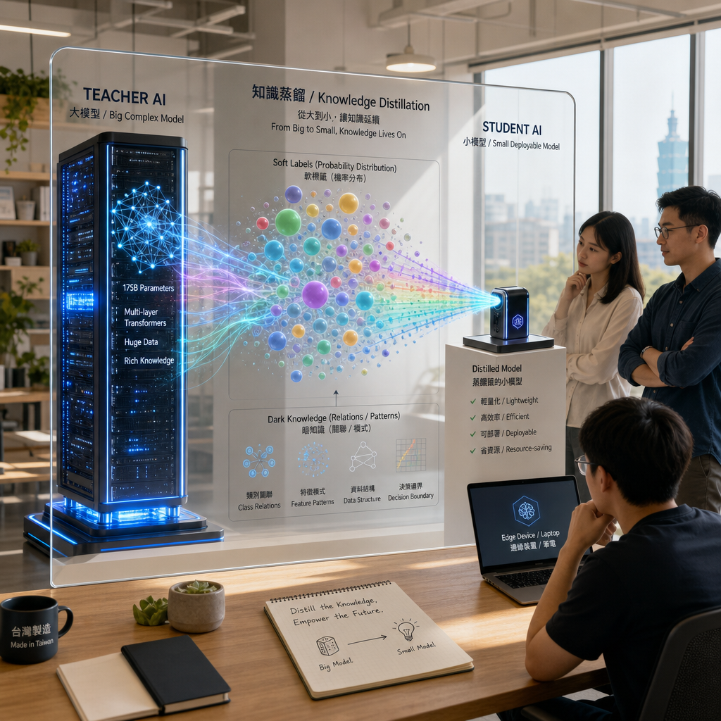 教師模型將知識傳遞給學生模型的 AI模型蒸餾概念圖