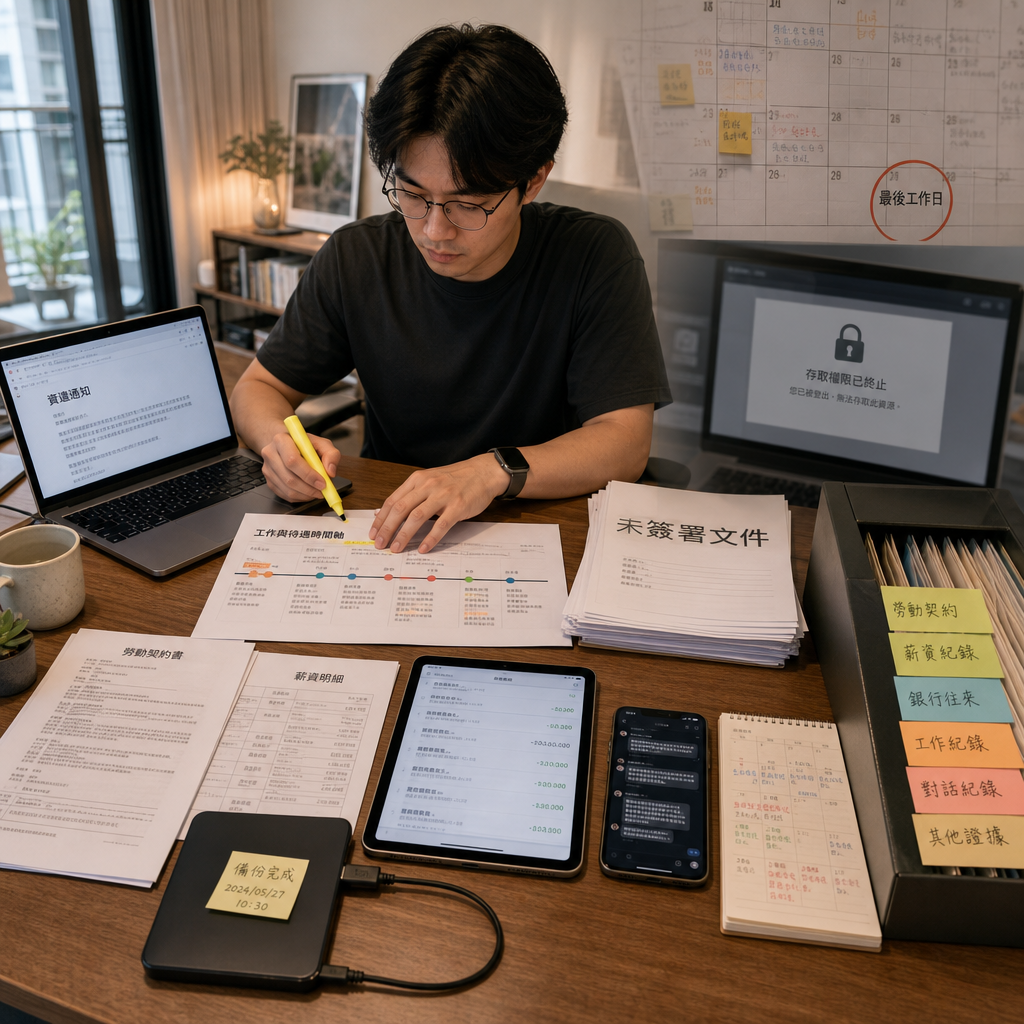 遠端工作者在筆電前整理資遣通知與勞動契約文件