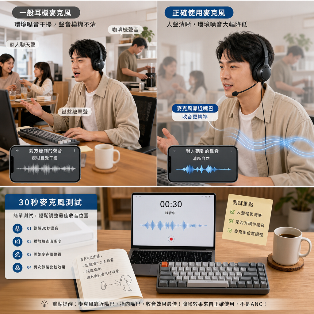 居家工作者戴著麥克風耳機進行視訊會議