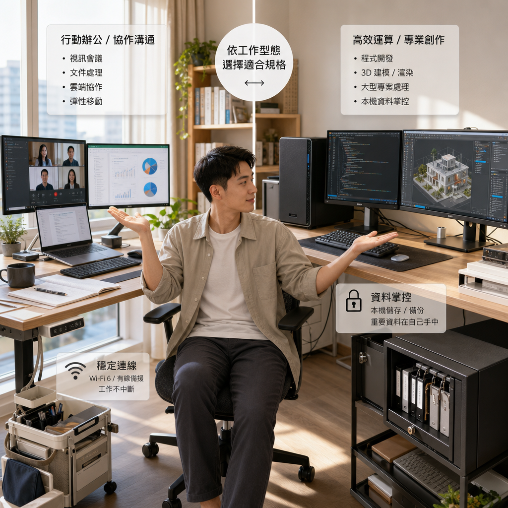 居家工作者使用雙螢幕筆電與外接鍵盤進行遠端工作