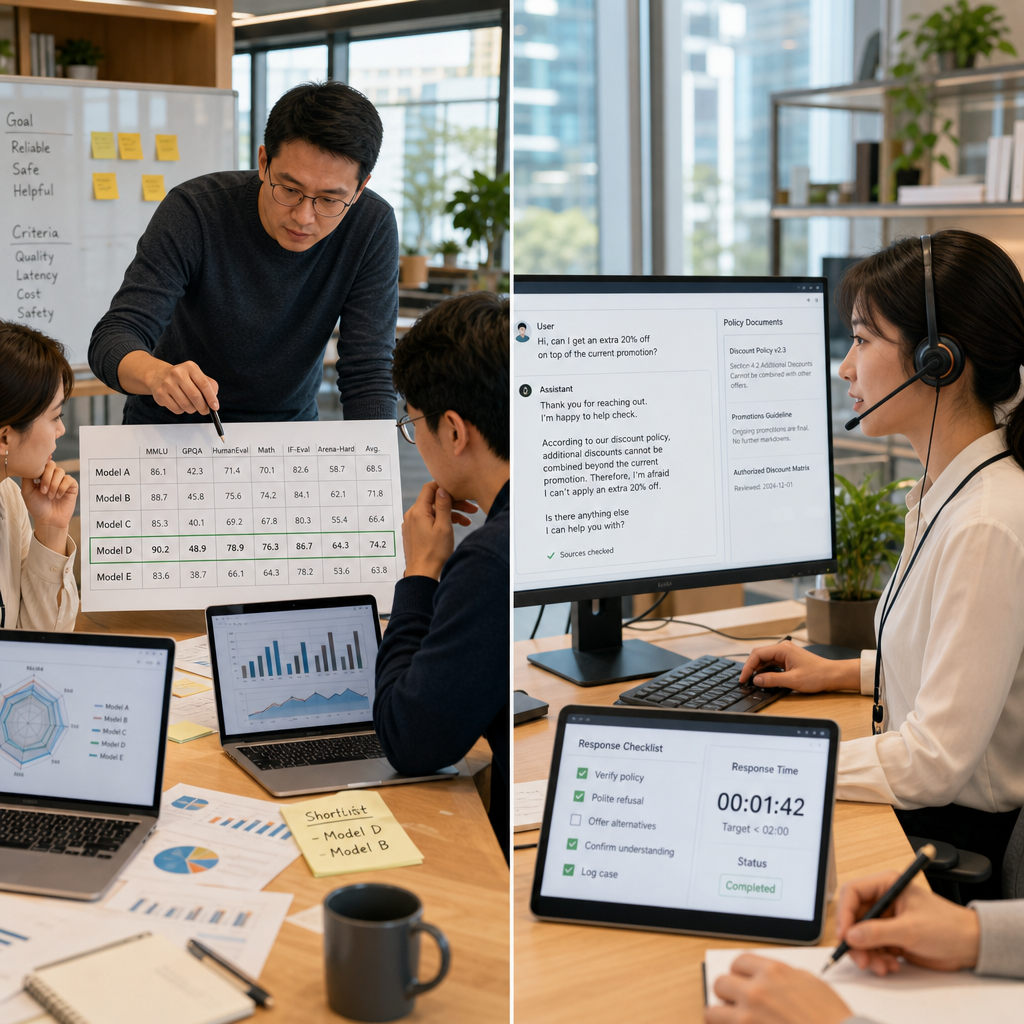團隊檢視大型語言模型評測儀表板與測試資料集