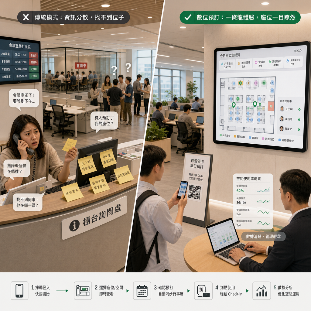 員工以手機查看辦公室座位地圖並預約共享座位