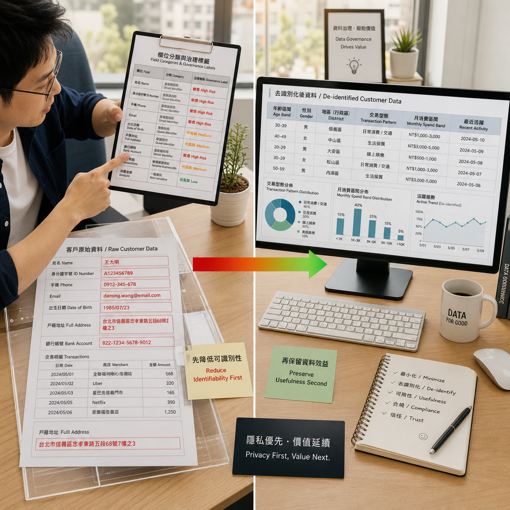 企業團隊檢視敏感資料欄位與去識別化流程