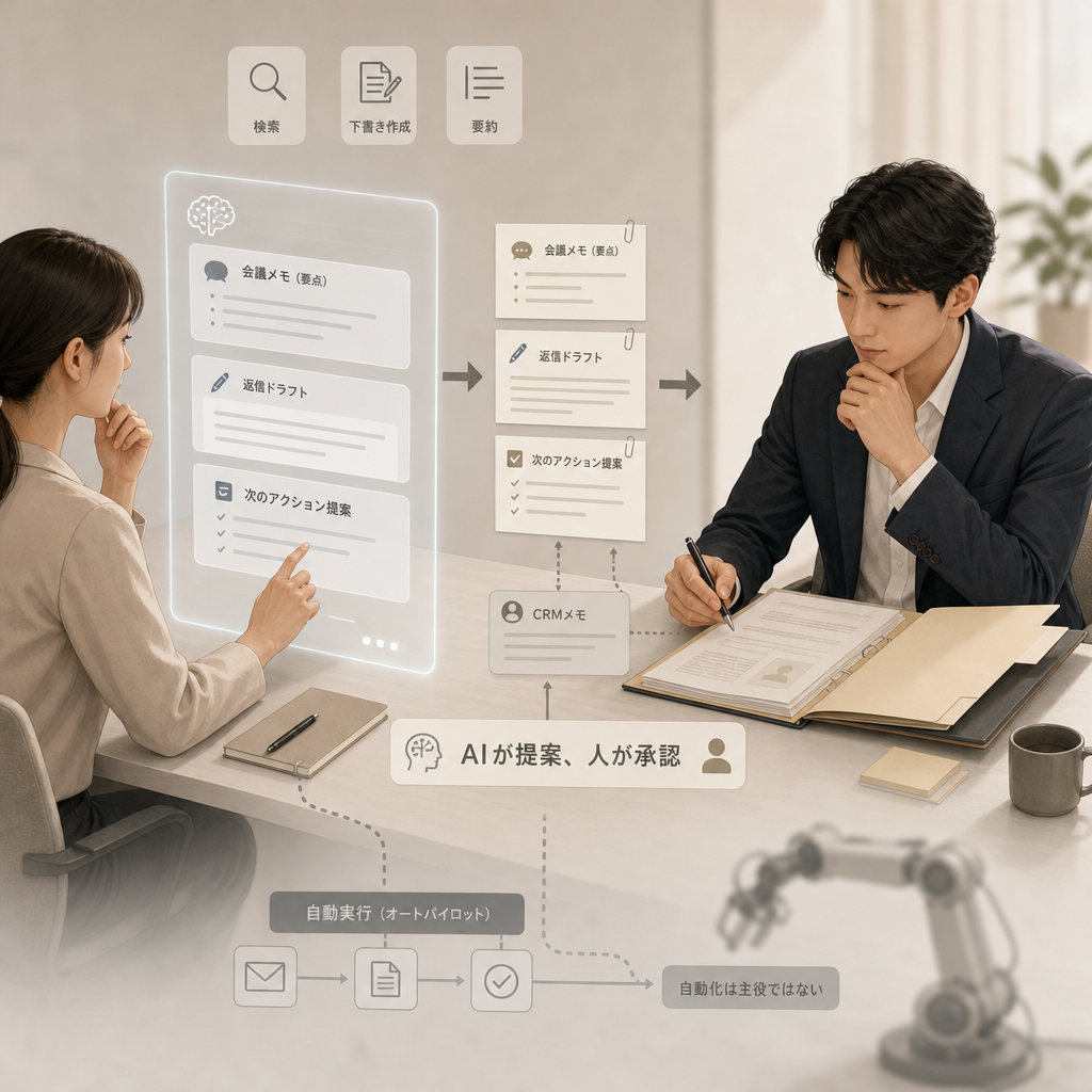 営業担当者がAI支援画面で顧客情報を確認する様子