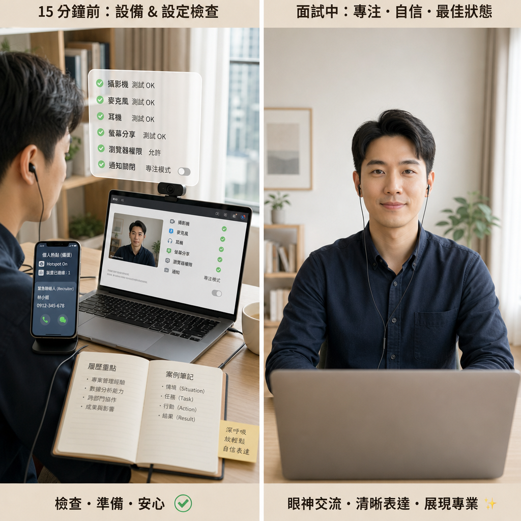 求職者在安靜明亮的工作空間進行視訊面試