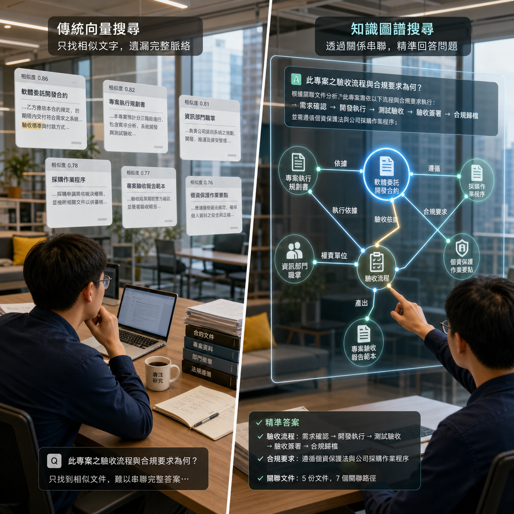 知識圖譜RAG以節點與關係連結企業文件的架構示意圖
