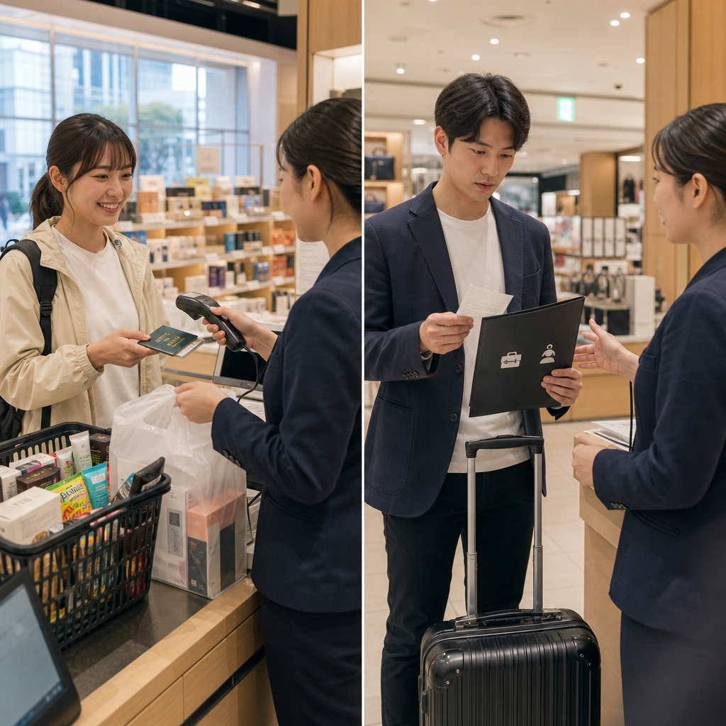 旅客在日本百貨免稅櫃檯出示護照辦理手續