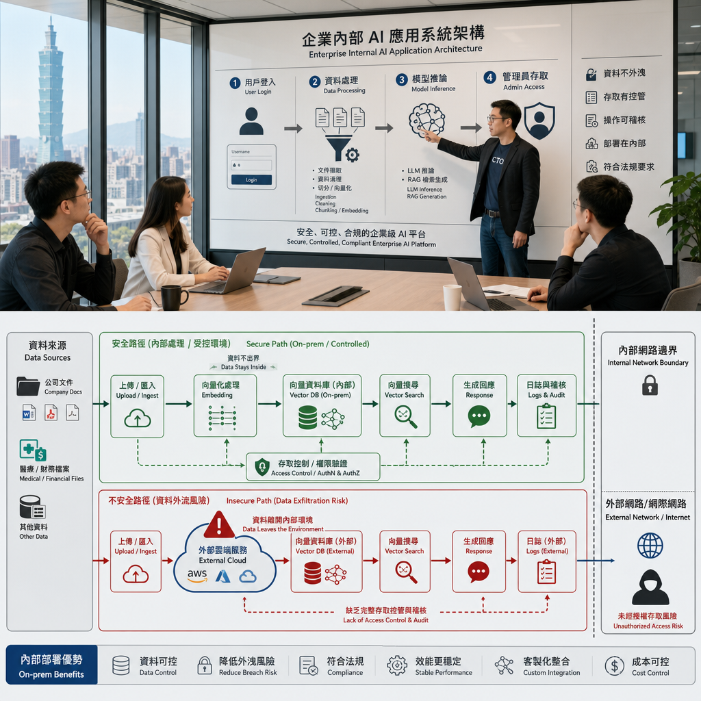 企業團隊檢視內網 AI 與私有雲部署架構圖