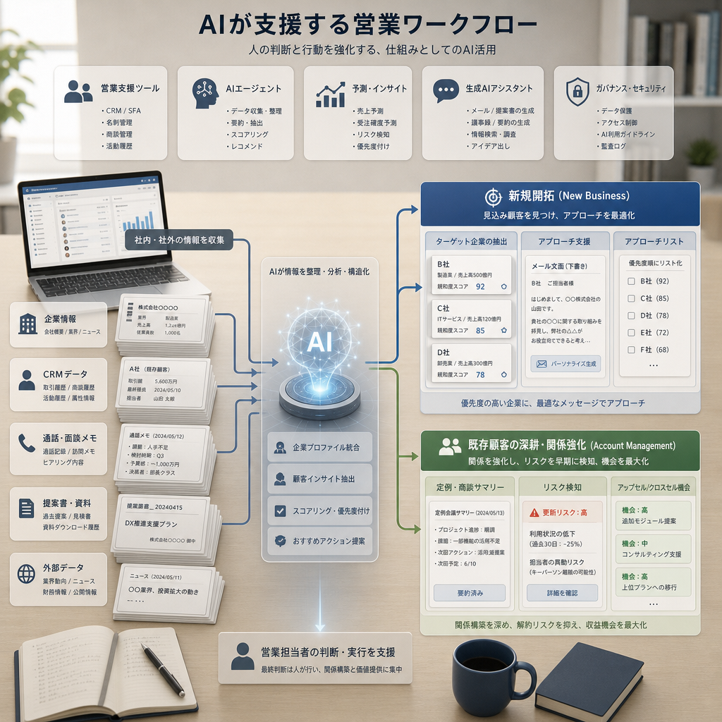 営業AIの機能領域と営業プロセスを確認する担当者