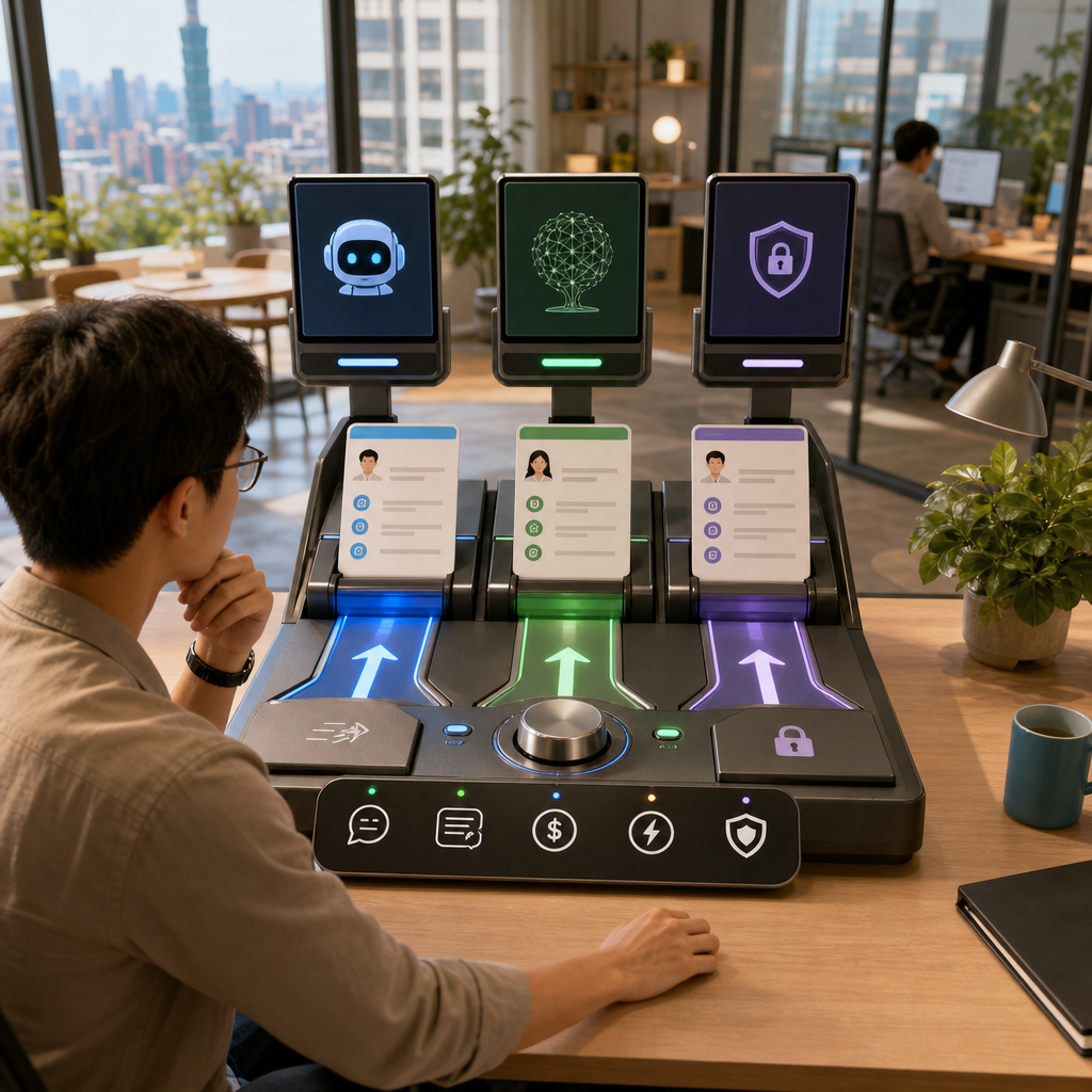 企業以模型路由器將不同 AI 任務分配給多個大型語言模型的架構示意