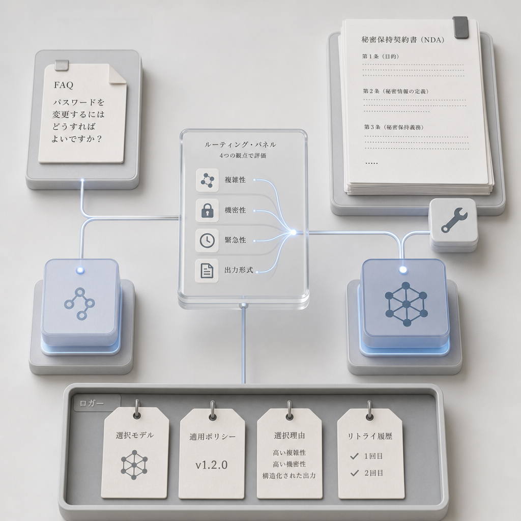 複数のAIモデルへリクエストを振り分けるルーターの概念図