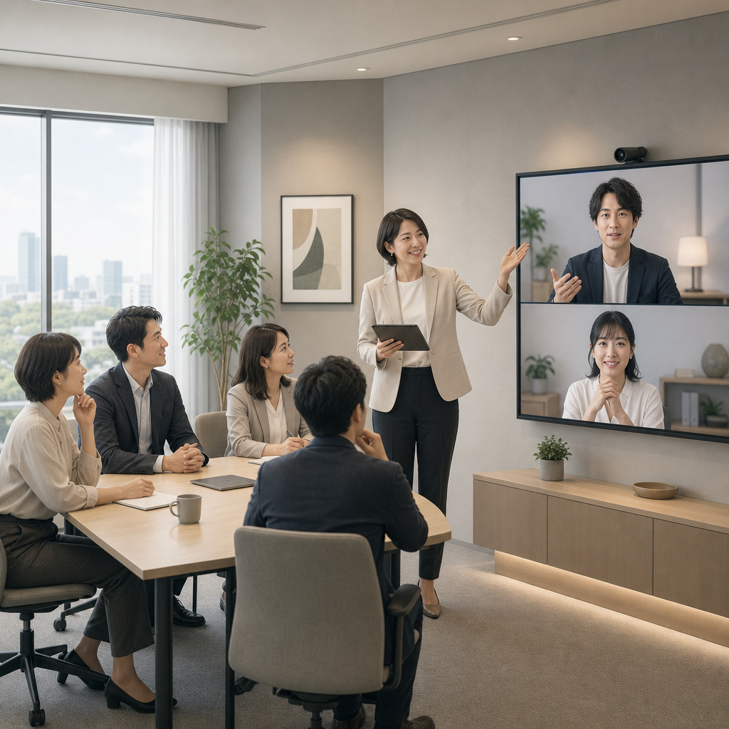 会議室とオンライン参加者をつないだハイブリッド会議