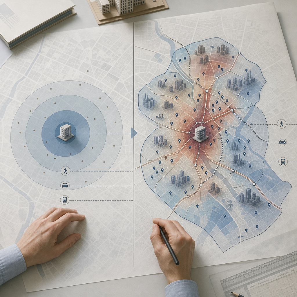地図上で営業エリアと顧客分布を分析する営業担当者