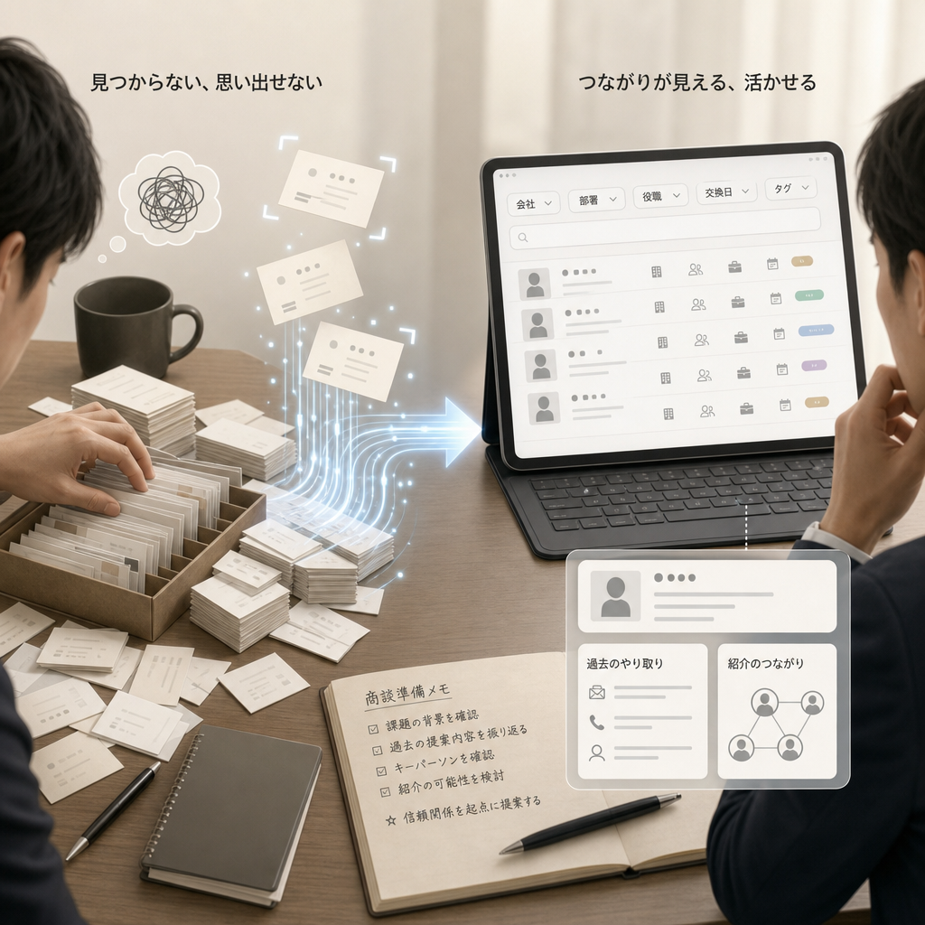 スマートフォンで顧客名刺データを検索する営業担当者
