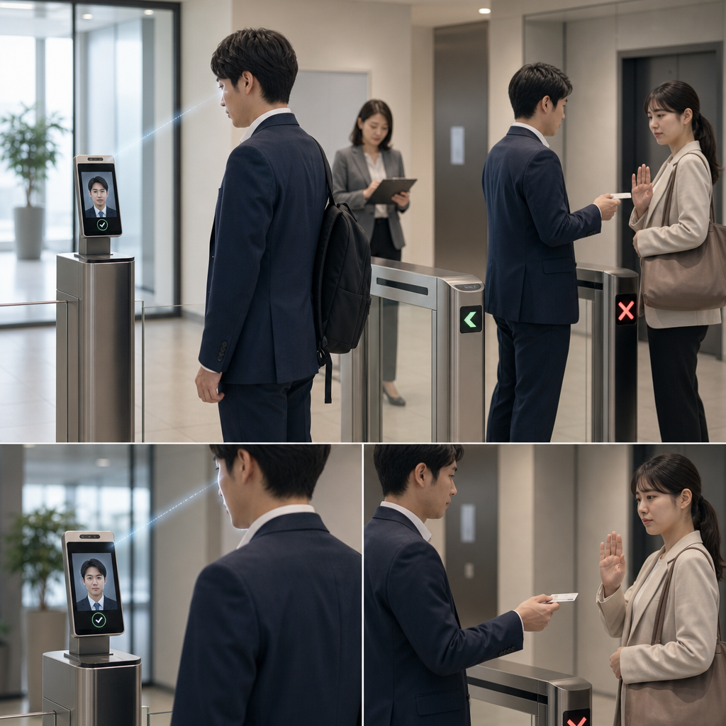 顔認証端末で出勤打刻をする従業員