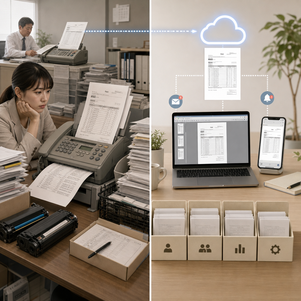 ノートパソコンでクラウドFAXの受信文書を確認する担当者
