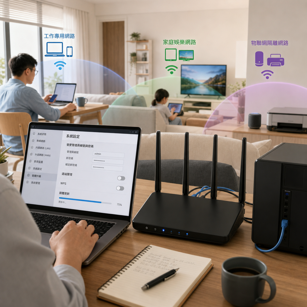 居家工作者在書桌前設定安全 Wi-Fi 路由器