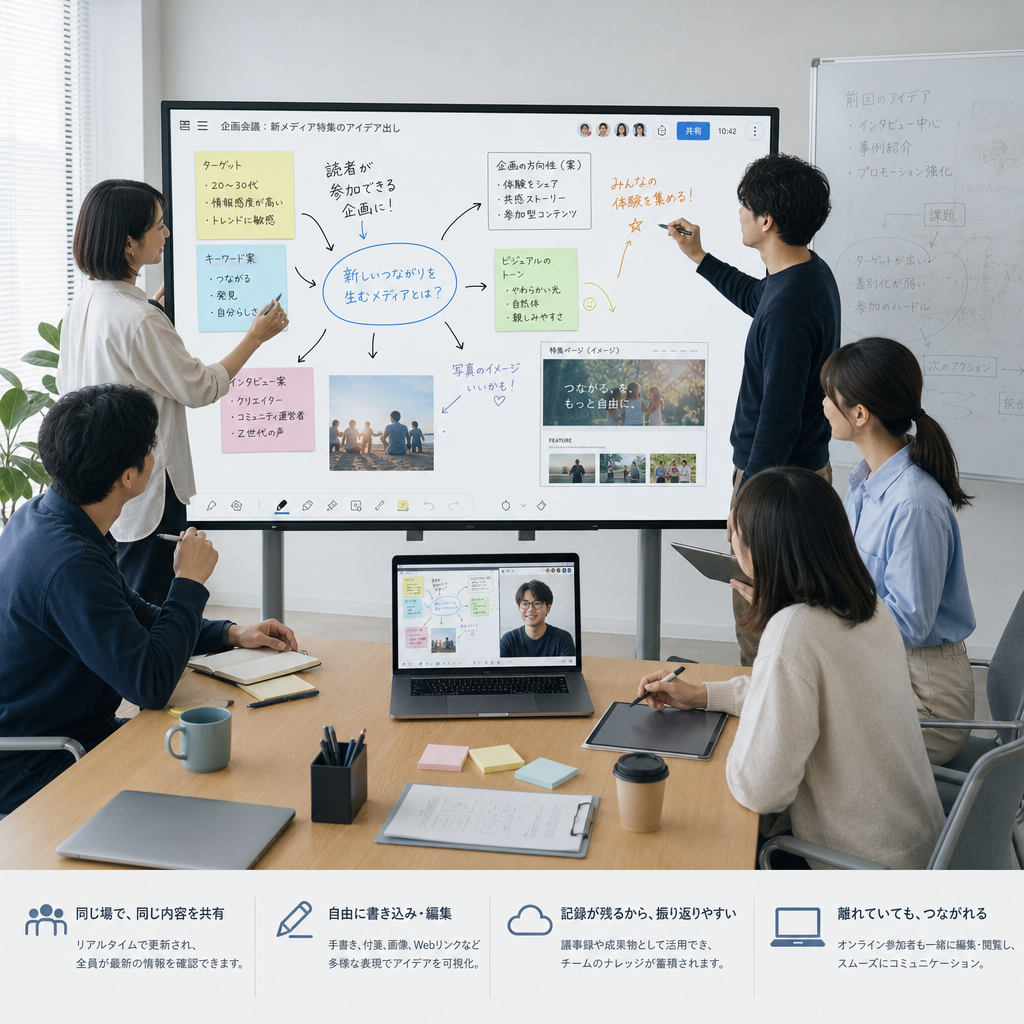 会議室でデジタルホワイトボードに図を描く参加者