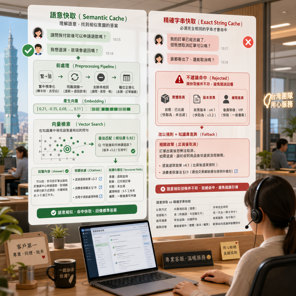 語意快取將使用者問題轉換為向量並比對快取答案的流程圖