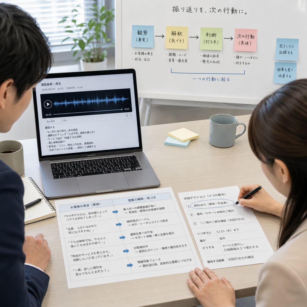 商談録音を見ながら営業チームが振り返りを行う様子