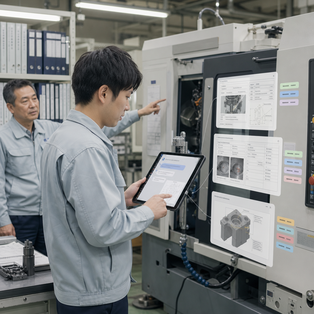 製造現場でタブレットを見ながら作業する技術者