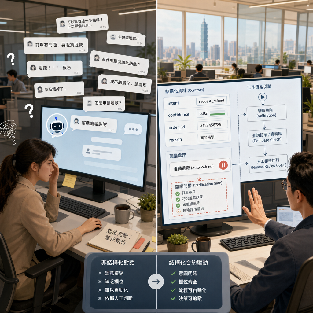 工程師檢視 AI 回傳的 JSON 結構化資料與驗證規則