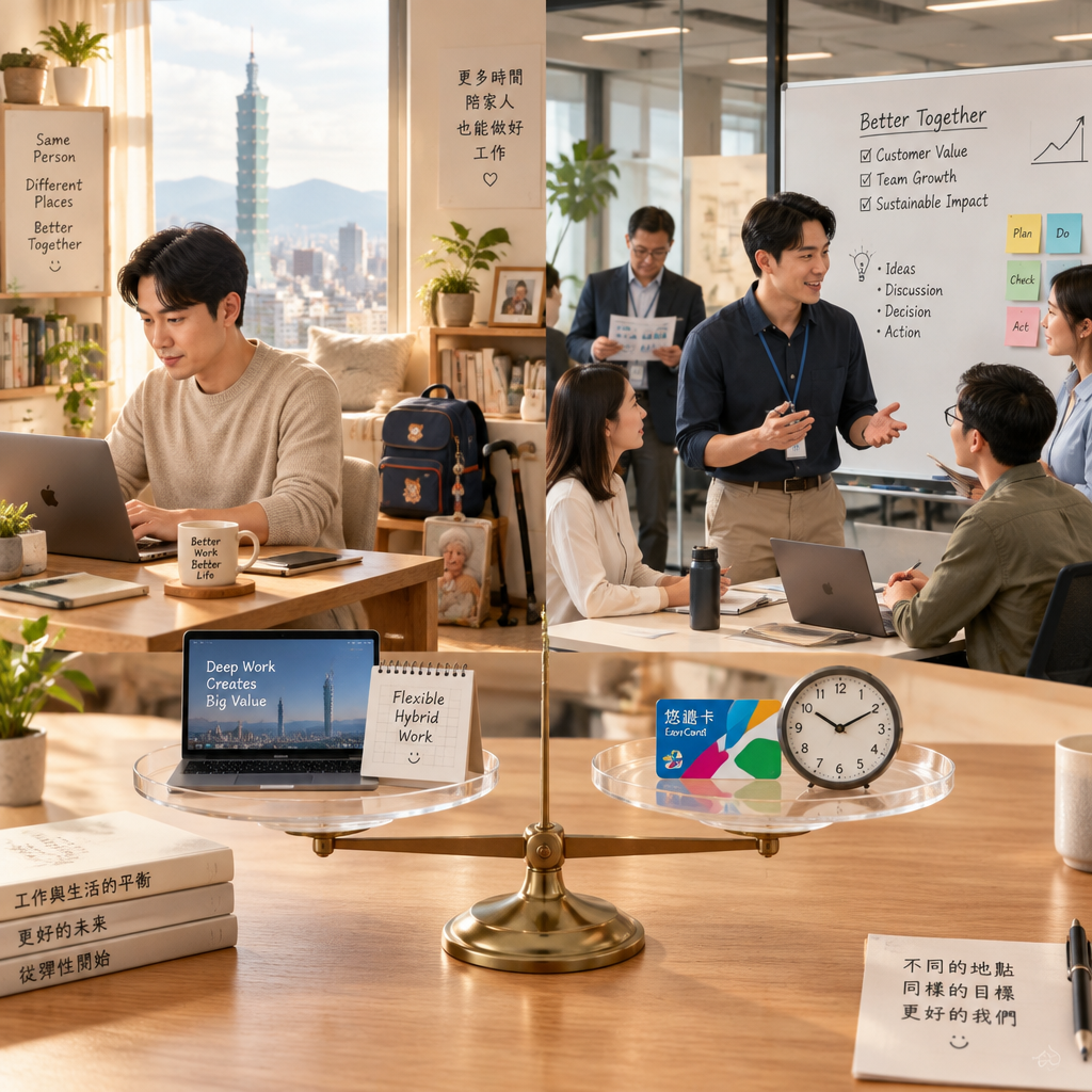 團隊成員在辦公室與家中協作的混合辦公情境