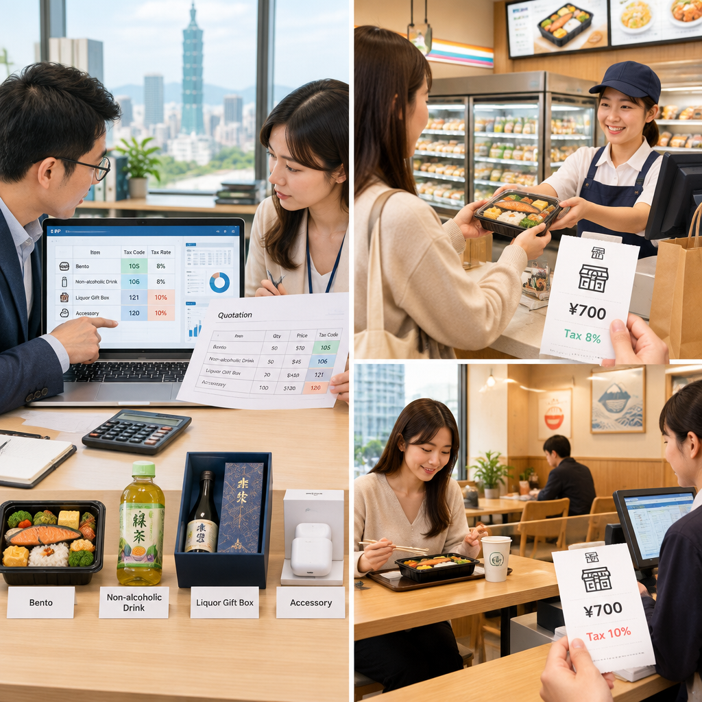 日本零售店內標示含稅商品價格與收銀櫃台