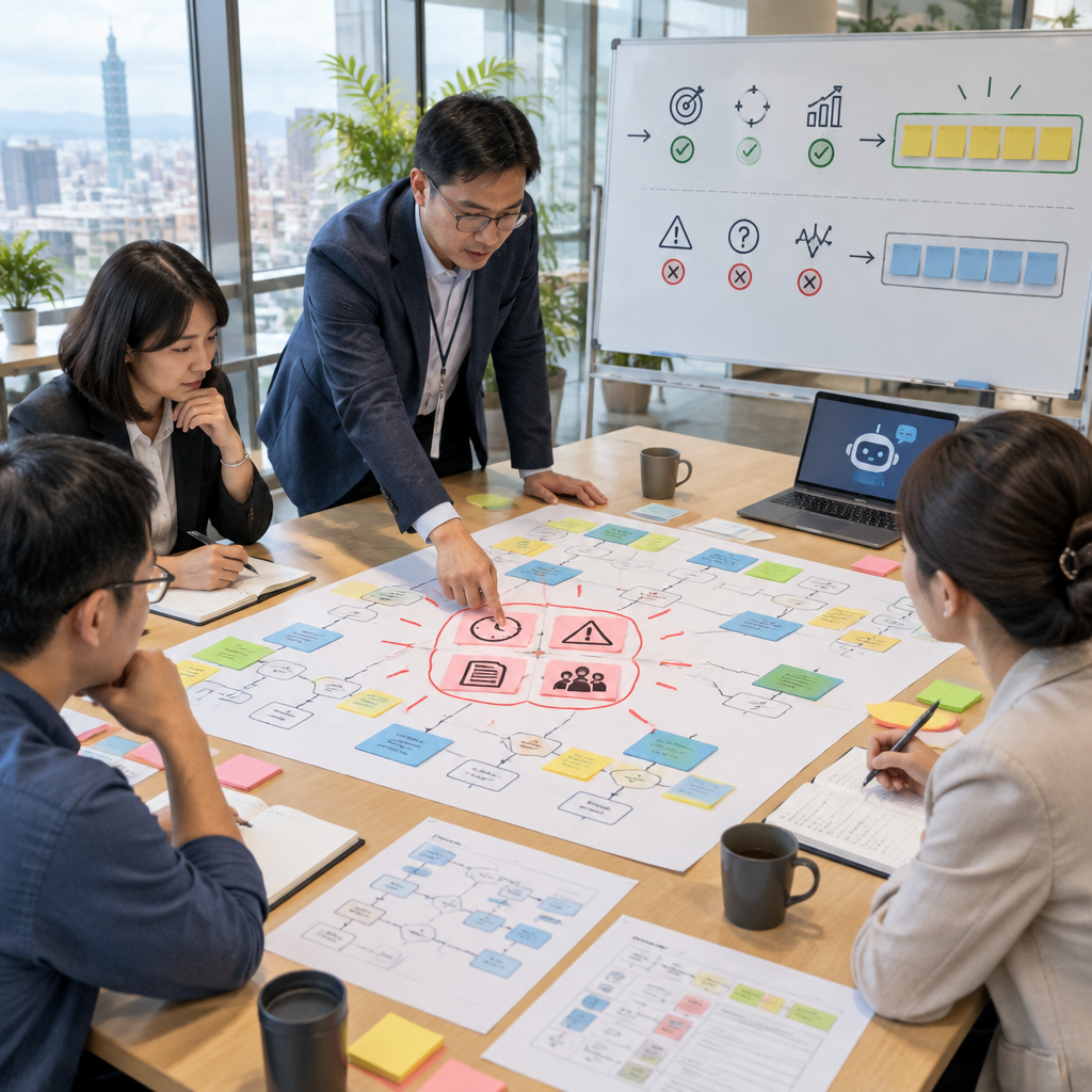 企業團隊討論 AI 導入流程與優先順序
